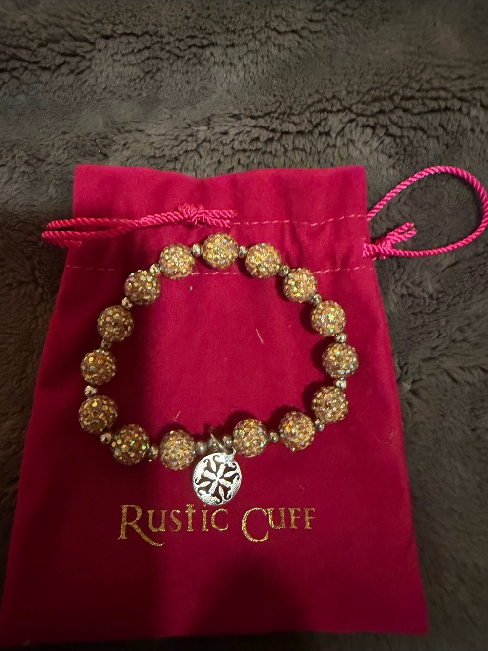 Rustic Cuff Gold Crystal Pave Bead Bracelet with Silver Round Charm
